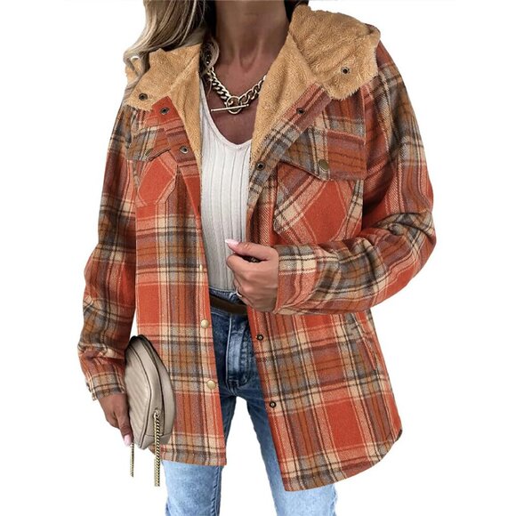 Jackets & Blazers - Women's Plaid Shacket Hooded Fleece Jacket Long Sleeve Button Front